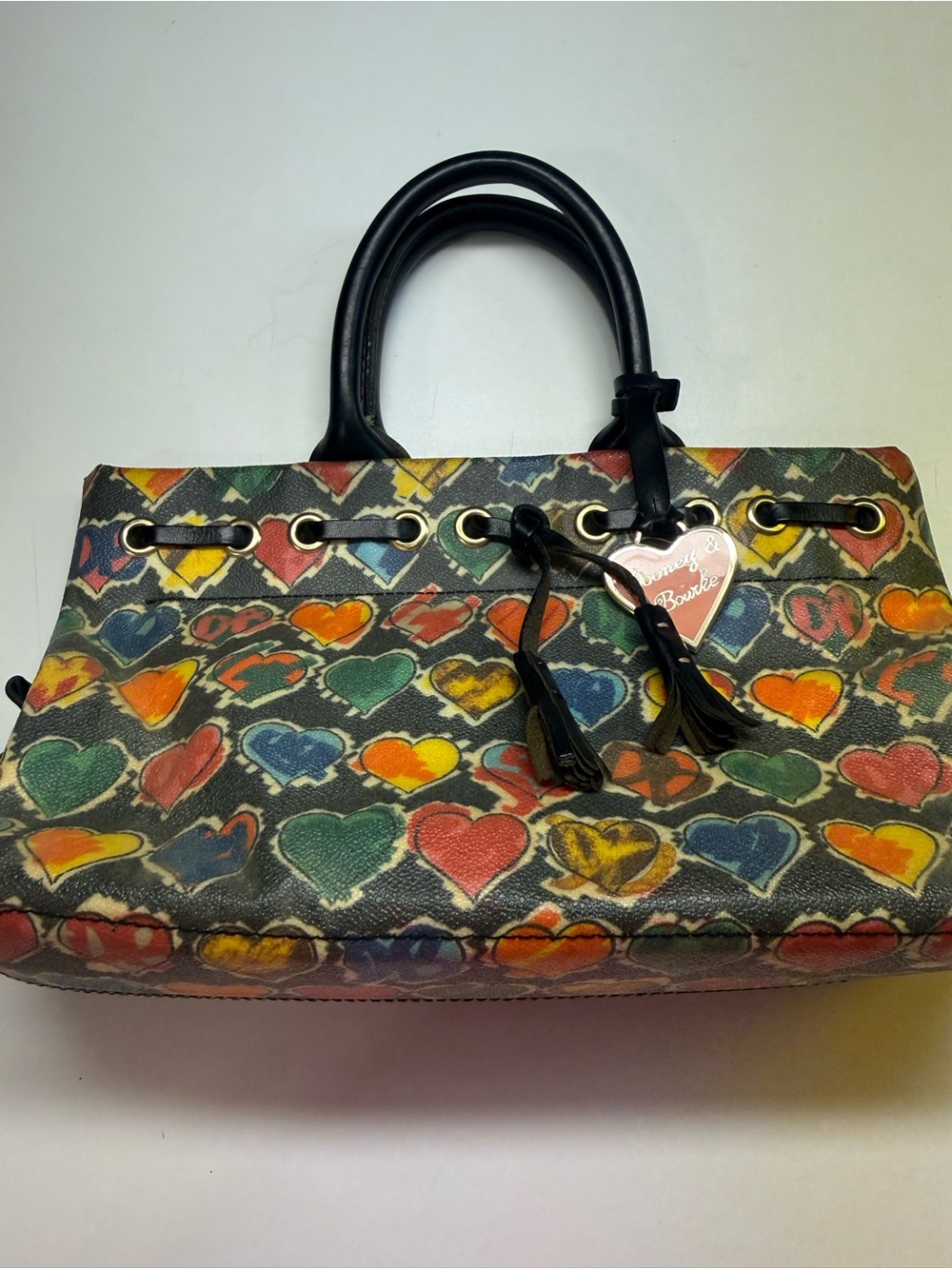 Vintage Y2K Dooney & Bourke Crayon Hearts Tassel Tote Satchel Black Multicolor